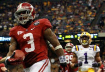 NEW ORLEANS, LA - JANUARY 09:  Trent Richardson #3 of the Alabama Crimson Tide celebrates after scoring a touchdown in the fourth quarter against the Louisiana State University Tigers during the 2012 Allstate BCS National Championship Game at Mercedes-Benz Superdome on January 9, 2012 in New Orleans, Louisiana.